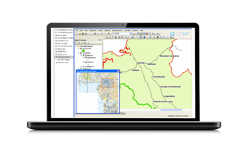 Laptop PC showing a GIS application creating a digital map